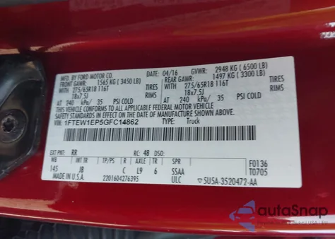 2016 Ford F-150 Xlt из США, поврежденный, VIN 1FTEW1EP5GFC14862